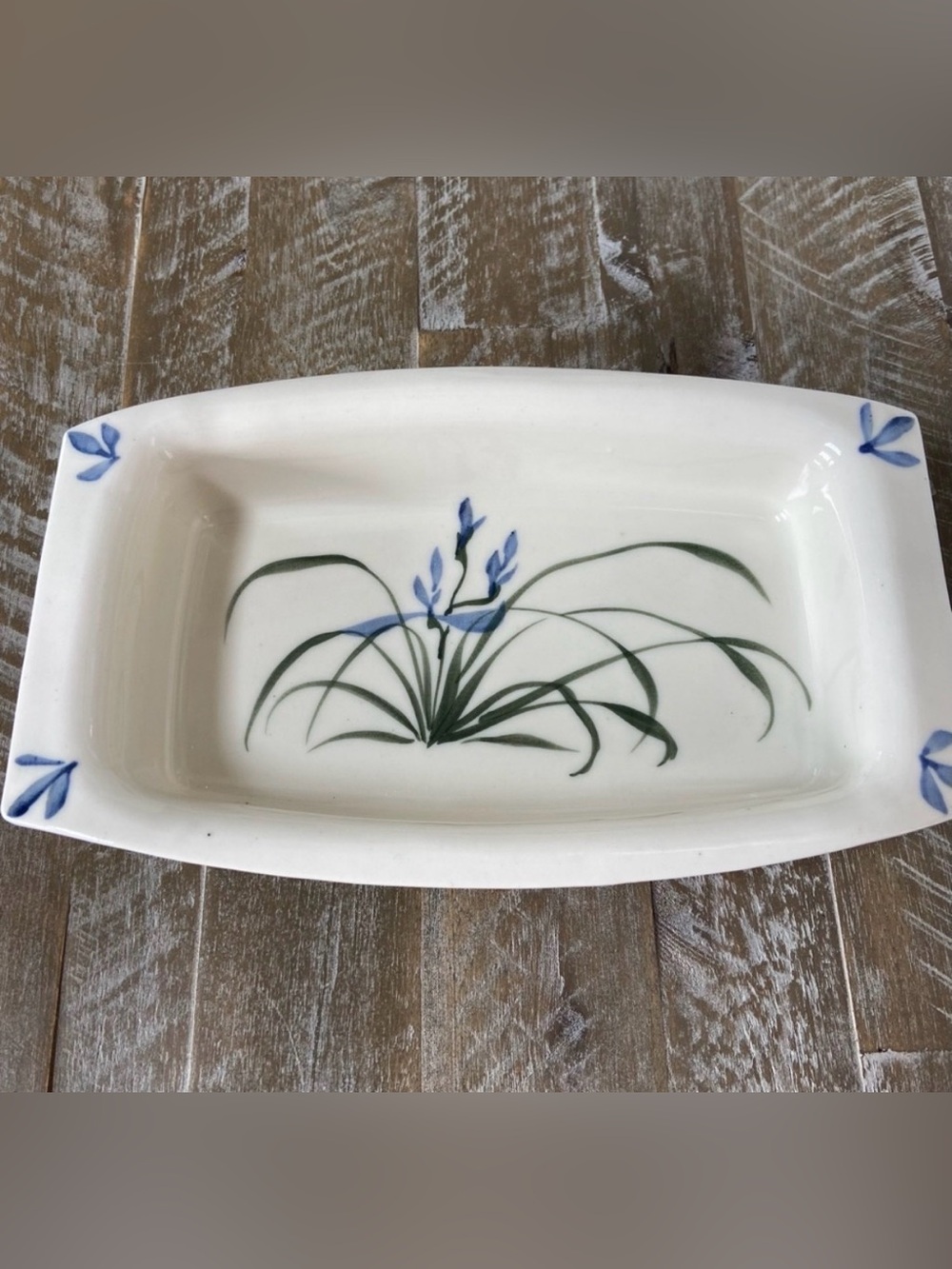 Glazed Ceramic Serving Dish- Dainty Japanese   Irises- Signed by Artist-Lovely!